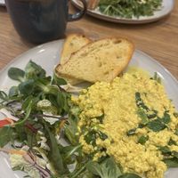 Scrambled tofu breakfast with chai latte   at Dosa Dosa in Prague