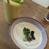 French cream soup with mango lassi at Dosa Dosa in Prague