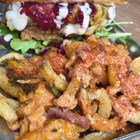 Holiday chick’en sandwich and monster style fries 🍟   at Eris Food Co in Oceanside