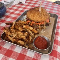 Bam bam burger with fries  at Eris Food Co in Oceanside
