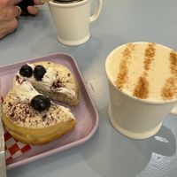 White chocolate and blueberry and chai latte with oat milk   at Bun and Coffee in Malaga