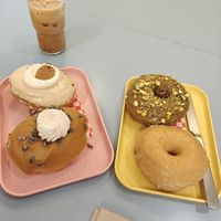 Donuts: macadamia latte, pumpkin spice, pistacho praline and glaced at Bun and Coffee in Malaga