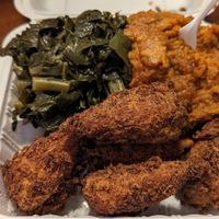 Vegan lemon pepper Drummies, sweet potatoes and collard greens at NuVegan in Baltimore