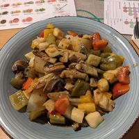 Vegan meal with boiled potatoes, tofu, vegetables and sauce at Green Planet the Foodcourt in Gran Canaria