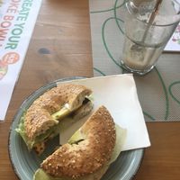Bagel with fried tofu, avocado, cream cheese, lettuce and mustard. This was really good!! They also have other vegan options that I like to try soon as well.  at Green Planet the Foodcourt in Gran Canaria