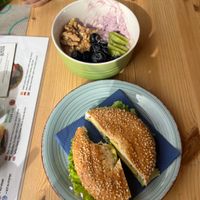 Bagel with todu and a fruit bowl.  at Green Planet the Foodcourt in Gran Canaria