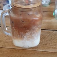 Iced coffee made with soya milk and vanilla syrup shot at Bella Rose Cafe in Scarborough