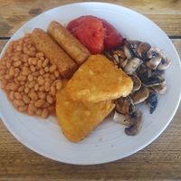 Vegan breakfast - Vegan sausage, beans, plum tomatoes, mushrooms and hash browns at Bella Rose Cafe in Scarborough