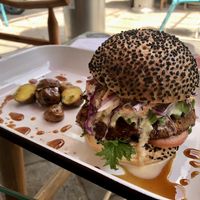 Terrific looking terrific tasting burger  at Parada Vegana in Cusco