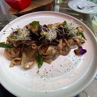 Mushroom spaghetti   at Parada Vegana in Cusco