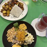 Ceviche and potato/meat plate   at Parada Vegana in Cusco
