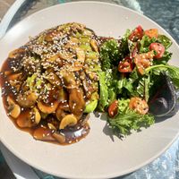 Avocado toast with mushrooms   at Parada Vegana in Cusco