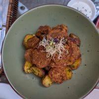 Choripapa (basically seitan and potato with a dipping sauce) at Parada Vegana in Cusco