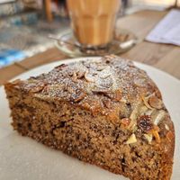 Banana cake, coconut chai latte. at Teapot Cafe in Taghazout