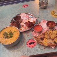 Bhaji (3 but I ate one), taka dalh with lentils and rice, and potato bread (spelling is probably wrong, sorry) at Bundobust - Oxford St in Manchester