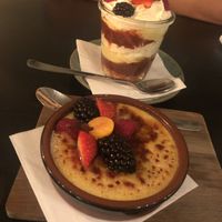 Crème brûlée (front) and rhubarb trifle   at Grøn'46 in Aarhus