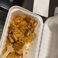 Chick’n Mac n Cheeze with sweet/spicy sauce  at Vegan On The Fly in New York City