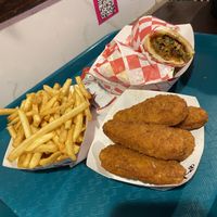 Fries, beyond chicken tenders, steak sandwich  at Vegan On The Fly in New York City