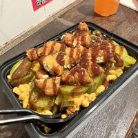 Mac n cheese with “chicken”!  at Vegan On The Fly in New York City