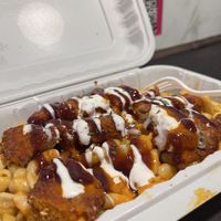 Mac&cheese with chicken strips  at Vegan On The Fly in New York City