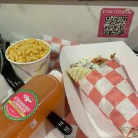 Gyro, mac n’ cheese, strawberry lemonade   at Vegan On The Fly in New York City