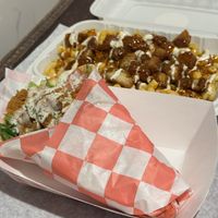 Gyro with seitan and mac bowl with Nashville chicken  at Vegan On The Fly in New York City