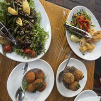 calamari, arancini, fried olives, salad  at Funghi E Tartufo in Melbourne