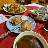 miso soup + "dumplings" + Chao min + kombucha at Las Chinitas in Panajachel