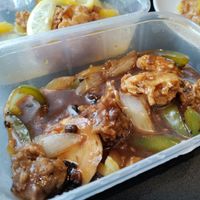 Mixed 'meat' in black bean sauce at Vegan Green Kitchen in Manchester