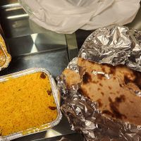 Melanzane/Brinjal Baigun Bartha, saffron rice, tandoori roti. at Gandhi 2 in Rome