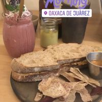 Sandwich de quesos y smoothie de frutos rojos  at Santa Hierba in Oaxaca
