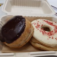 Boston cream and white chocolate doughnuts at Areca Bakery in Barcelona