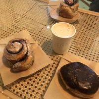 Cinnamon roll and Boston Creme donut   at Areca Bakery in Barcelona