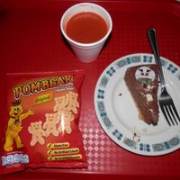 Triple chocolate vegan cheesecake, crisps and tomato soup. at Hillside Shire Horse Sanctuary Cafe in West Runton