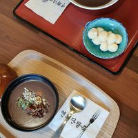 Two servings of vegan Danpatjuk (sweet red bean porridge) at Yeonhui Danpotjuk in Seoul