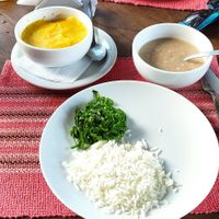 Local beer, rice and beans, puree at Ybyrá  in Sao Paulo