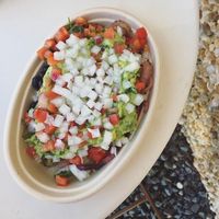 veggie burrito bowl with cilantro lime rice, black beans, salsa, fajita onions/peppers, guac and white onions 🌯   at Luchador Tacos in North Conway