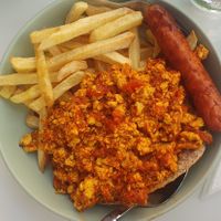 Tofu Kagianas with fries and sausage at Little Bear in Pireas