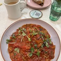 The tomatoes and okra, coffee with oat milk, and a vegan scone   #Veganuary at Millers in Charleston