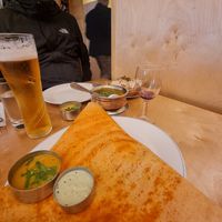 Mains - masala dosa and saag aloo with garlic rice at Sagar Vegan & Vegetarian Restaurant - Covent Garden in London
