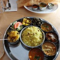Vegan thali and masala dosa (top) at Sagar Vegan & Vegetarian Restaurant - Covent Garden in London