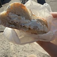 Salt bagel with tofu plain 🥯 cream cheese… yummy  at The Bagel Factory in Brooklyn