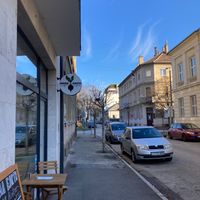 In front of the bistro. at Mama Earth - Vegan Bistro in Gyor