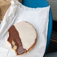 black and white cookie. amazing, not too lemony at all, and not too cakey at Ben & Esther's Vegan Jewish Deli in Portland