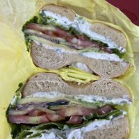 Veggie bagel sandwich on onion bagel with chive cream cheese. PERFECTION!!!  at Ben & Esther's Vegan Jewish Deli in Portland