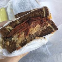 Reuben and pickle  at Ben & Esther's Vegan Jewish Deli in Portland