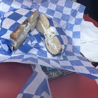 Bagel with chive cream cheese  at Ben & Esther's Vegan Jewish Deli in Portland