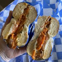 The Lox on the garlic bagel!!!  at Ben & Esther's Vegan Jewish Deli in Portland
