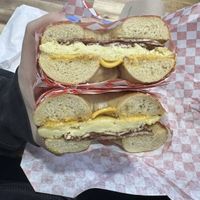 Bacon, egg, and cheese on a toasted salt bagel  at Ben & Esther's Vegan Jewish Deli in Portland