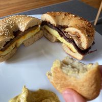 egg sausage, steak and eggs, knish at Ben & Esther's Vegan Jewish Deli in Portland